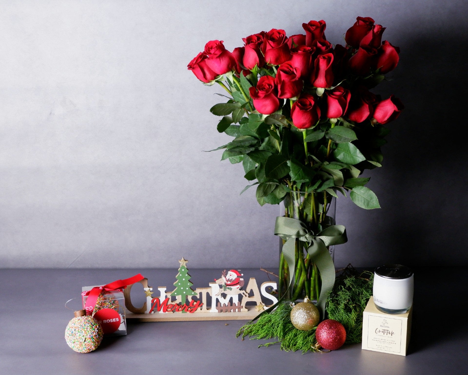 Image of Christmas Flowers - Merry Red Roses, Chocolate Bauble & Scented Candle