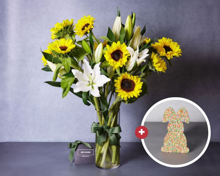 Image of Sunflowers, White Lilies & Easter Bunny