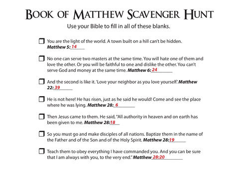 Book of Matthew Scavenger Hunt