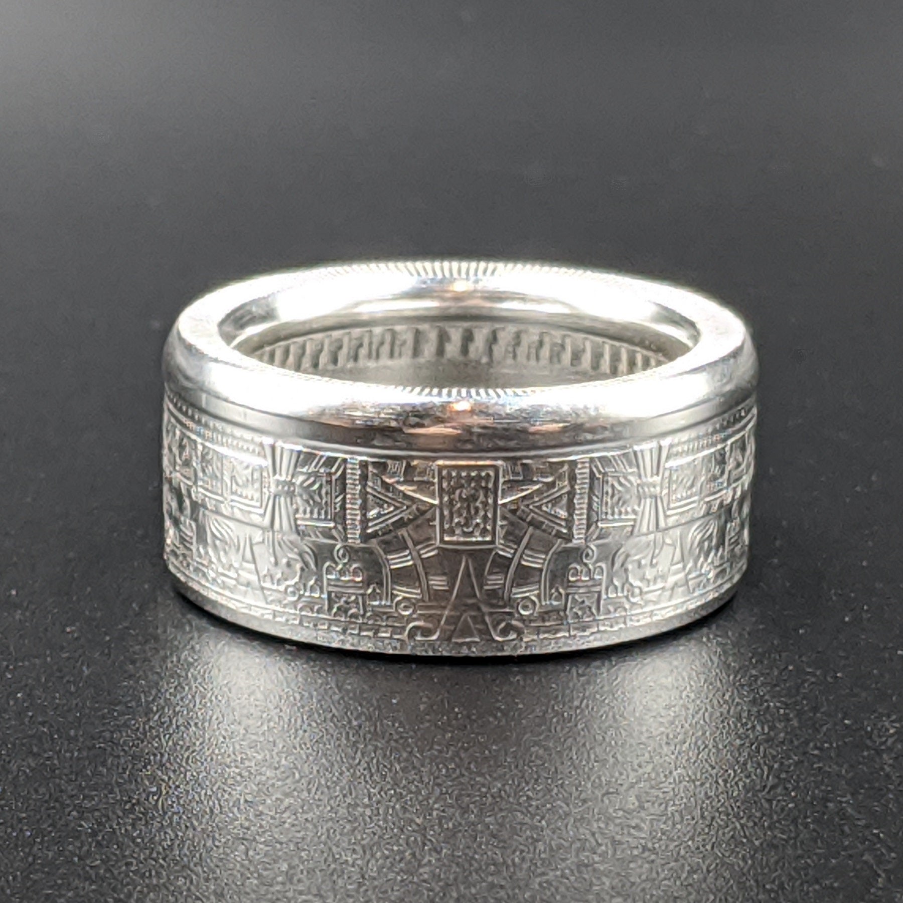 Aztec Calendar Silver Coin Ring - Silver State Foundry
