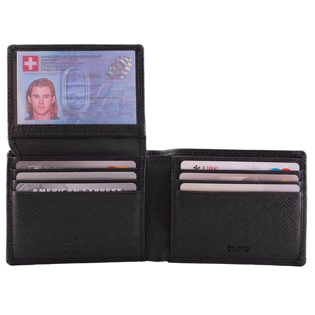 DiLoro Men's Slim Bifold Leather Wallet 2 ID Windows Firenze Black