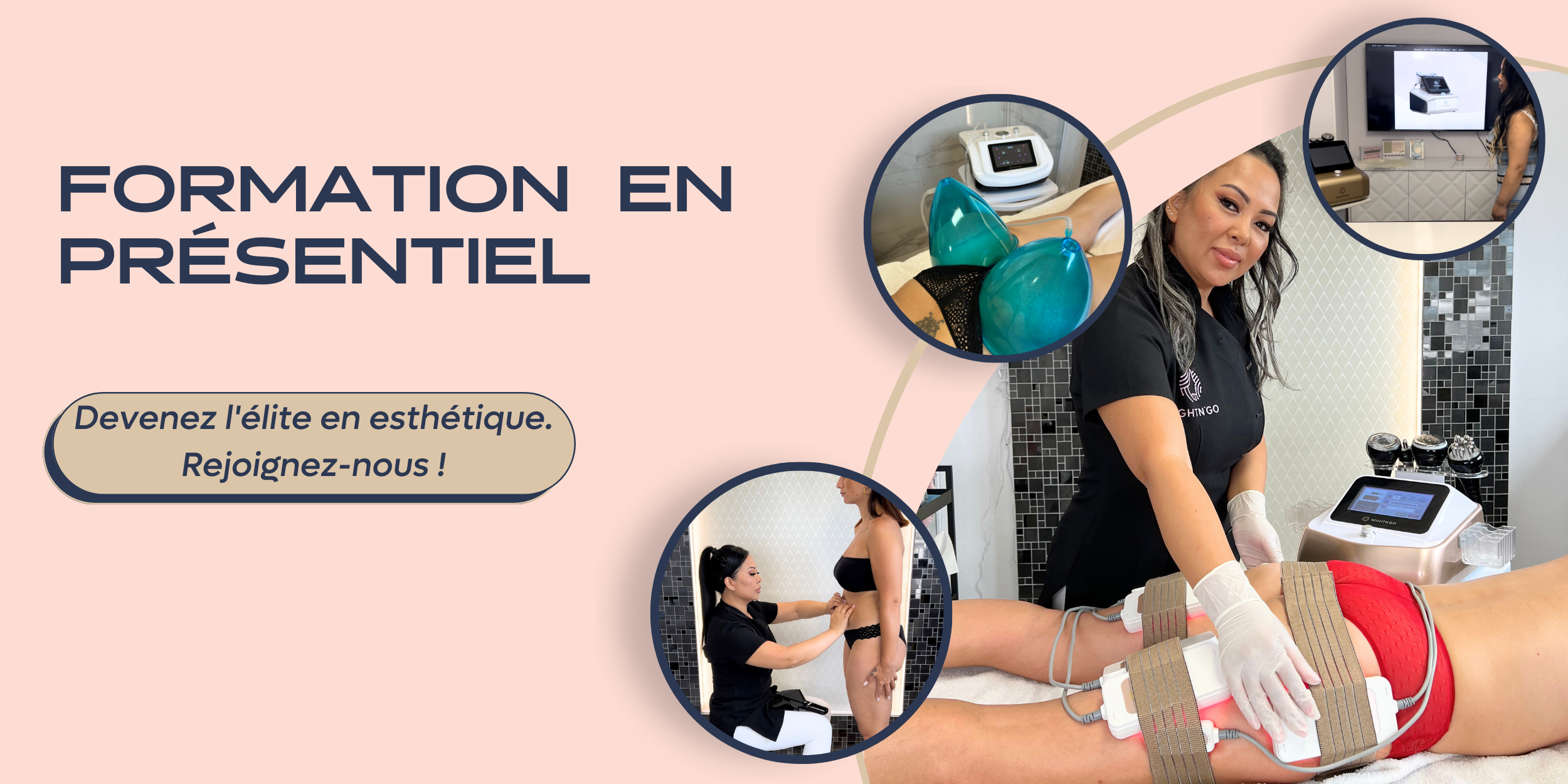 Image présentant une gamme d'équipements et de techniques esthétiques de pointe : une machine de cavitation pour sculpter la silhouette, un appareil de radiofréquence pour resserrer la peau, la vacuum thérapie pour améliorer la circulation, le lifting colombien pour remodeler non-invasivement, et un peeling marin à base d'algues pour revitaliser la peau.