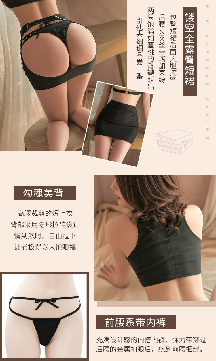 OL秘书绑带漏乳露臀分体套装