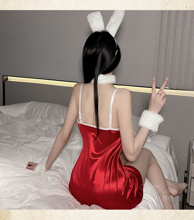 派对兔女郎毛绒上围圣诞连衣裙套装