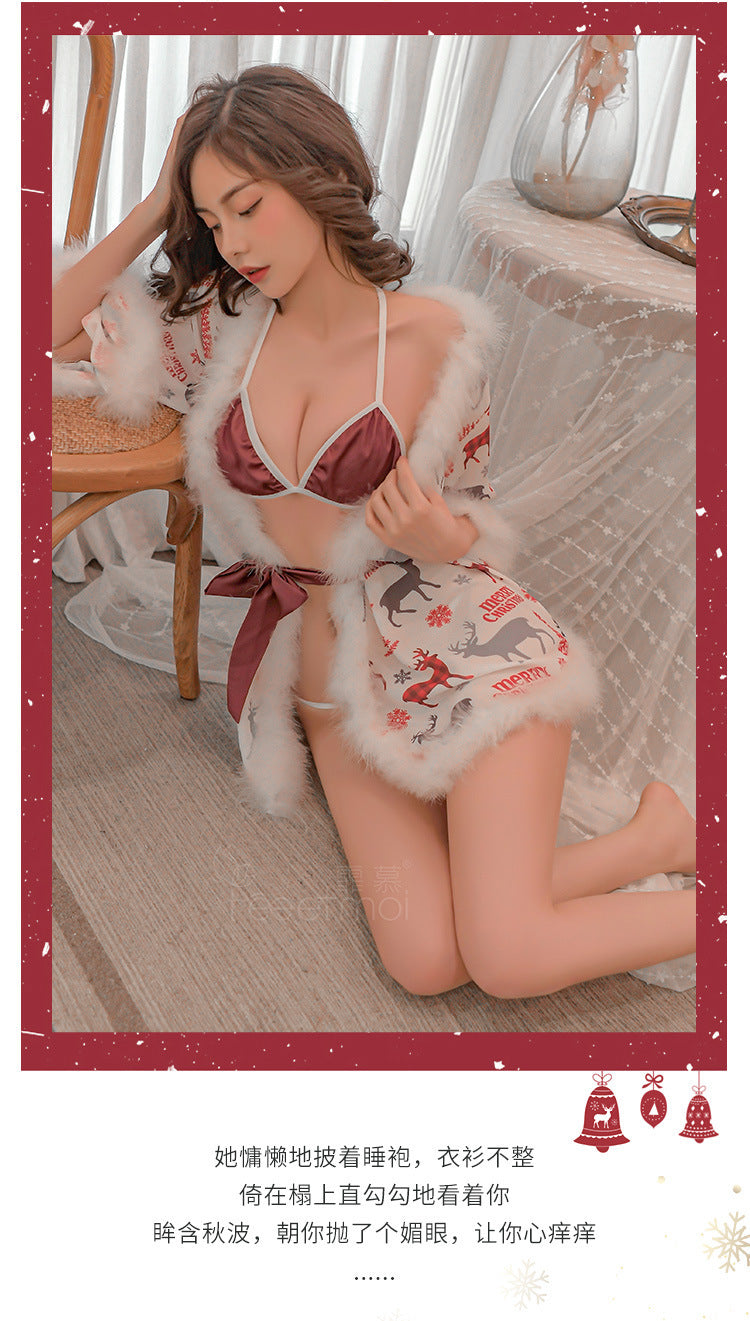 麋鹿印花圣诞雪纺睡袍套装