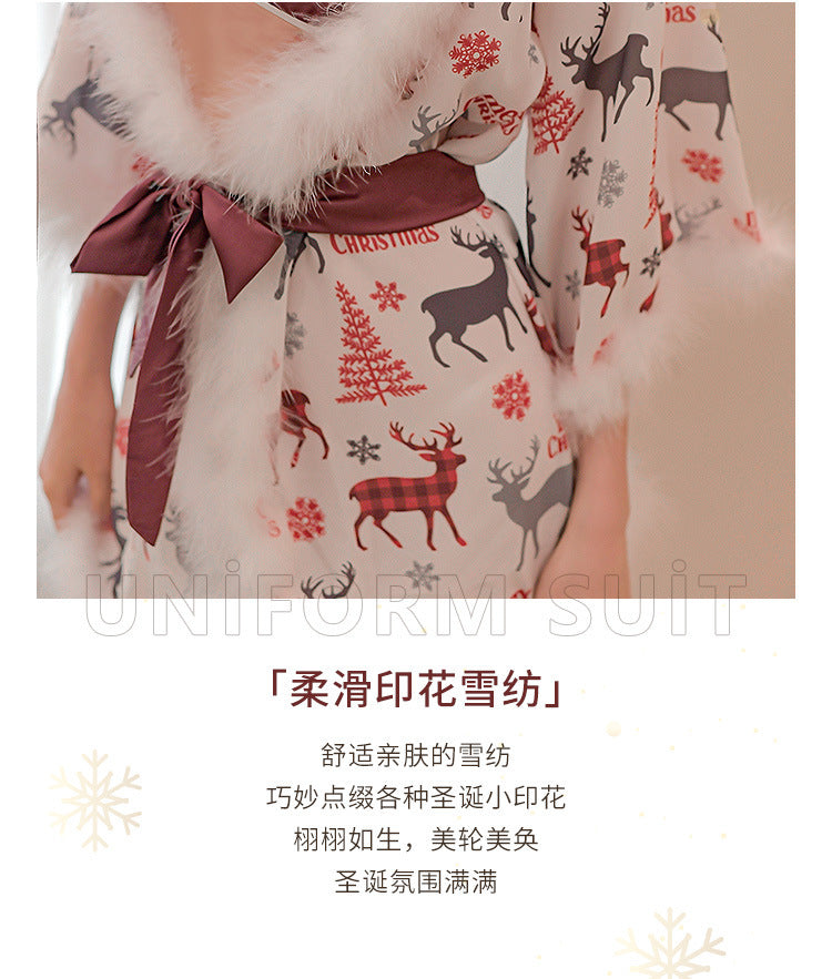 麋鹿印花圣诞雪纺睡袍套装