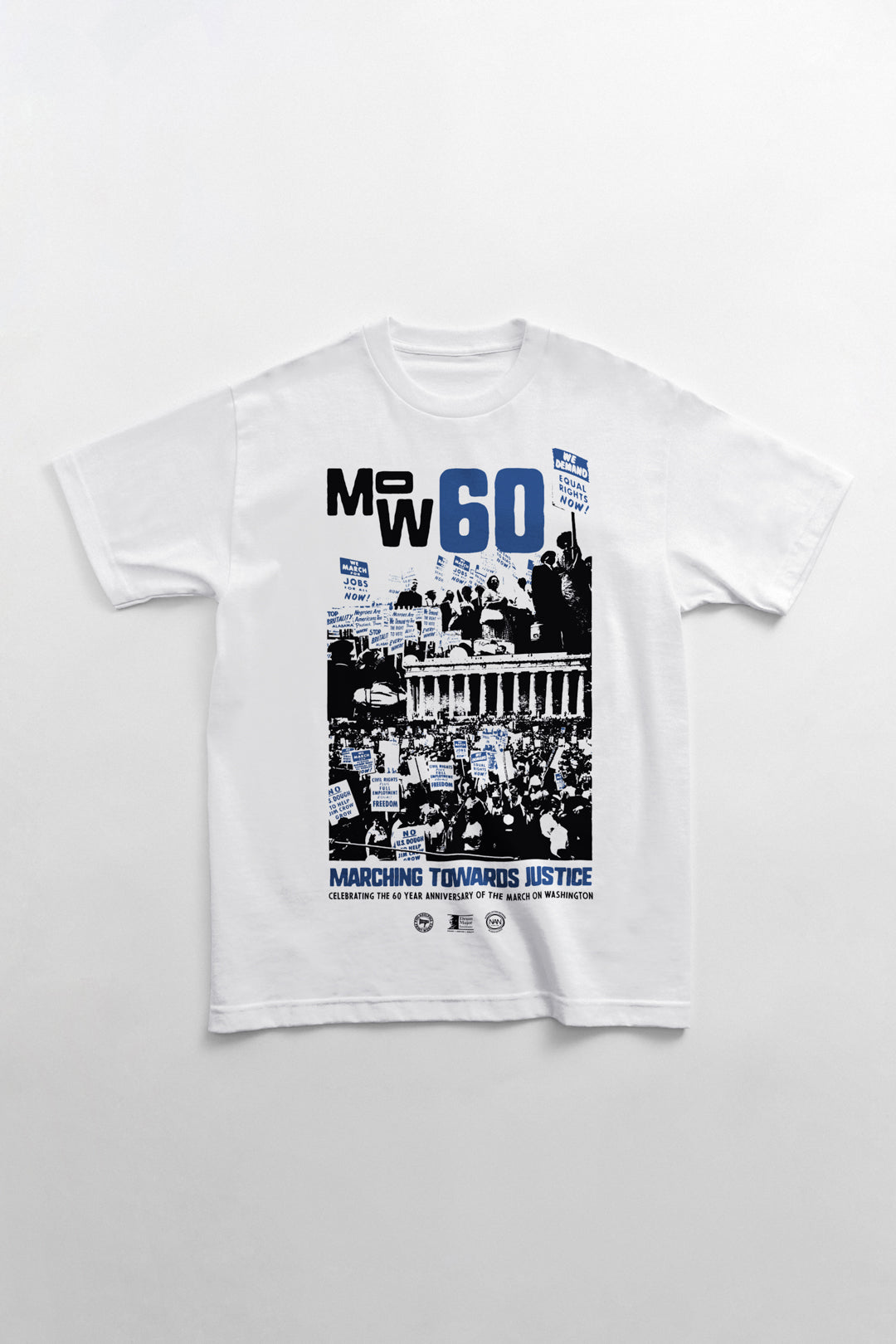 Image of t-shirt with that says "MOW60" with black and white images of the original March on Washington protestors.