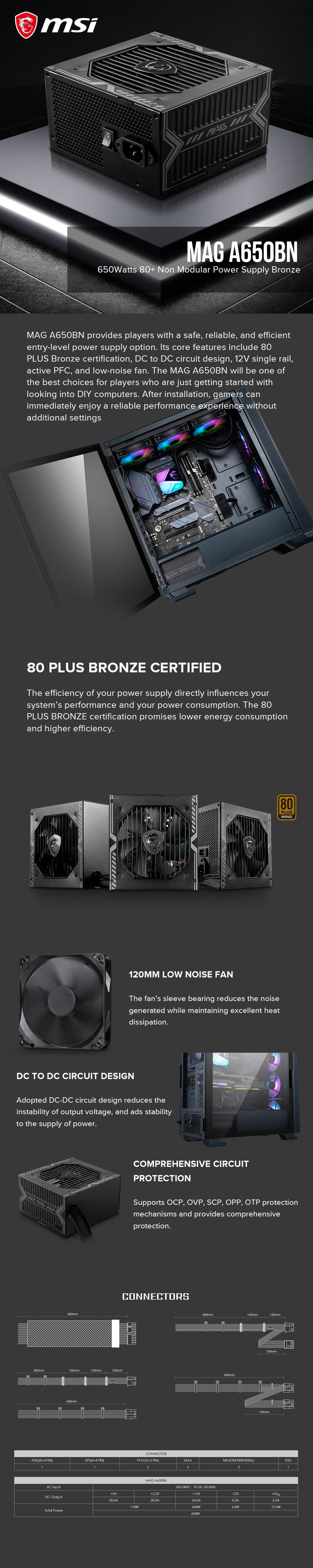 MSI MAG A650BN 650W ATX 80 PLUS BRONZE Certified Active PFC Power Supply