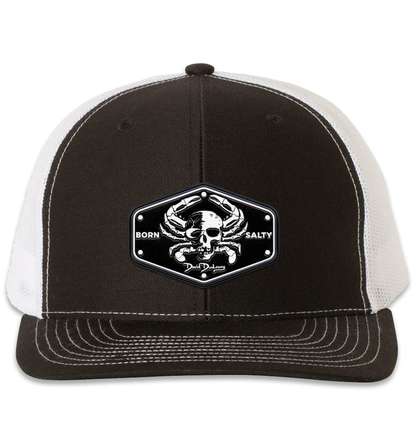 Born Salty Skull Crab 6 Panel Trucker Snap Back Hat Black White XL