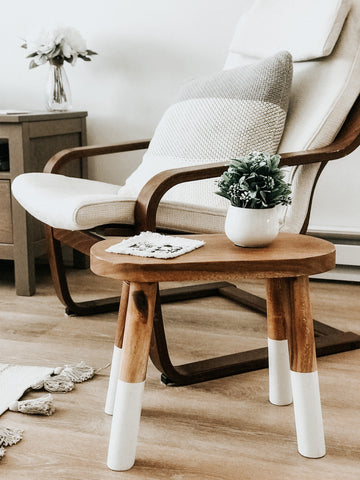 Side table, wooden tables, wood furniture, end table, white details, living room, white plant, white art print