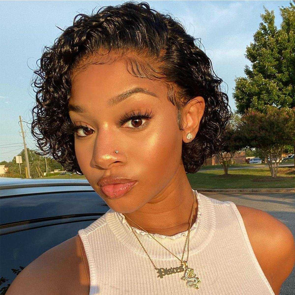 Short Curly Pixie Cut Lace Front Human Hair Lace Closure Wigs For Women