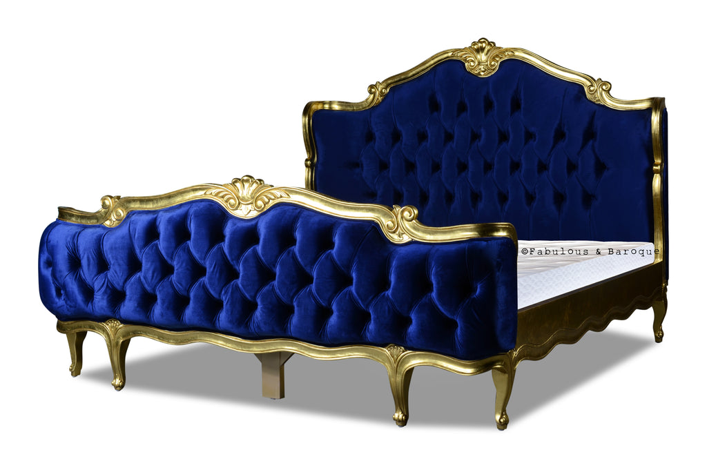 Elise French Upholstered Bed Sapphire Blue Gold