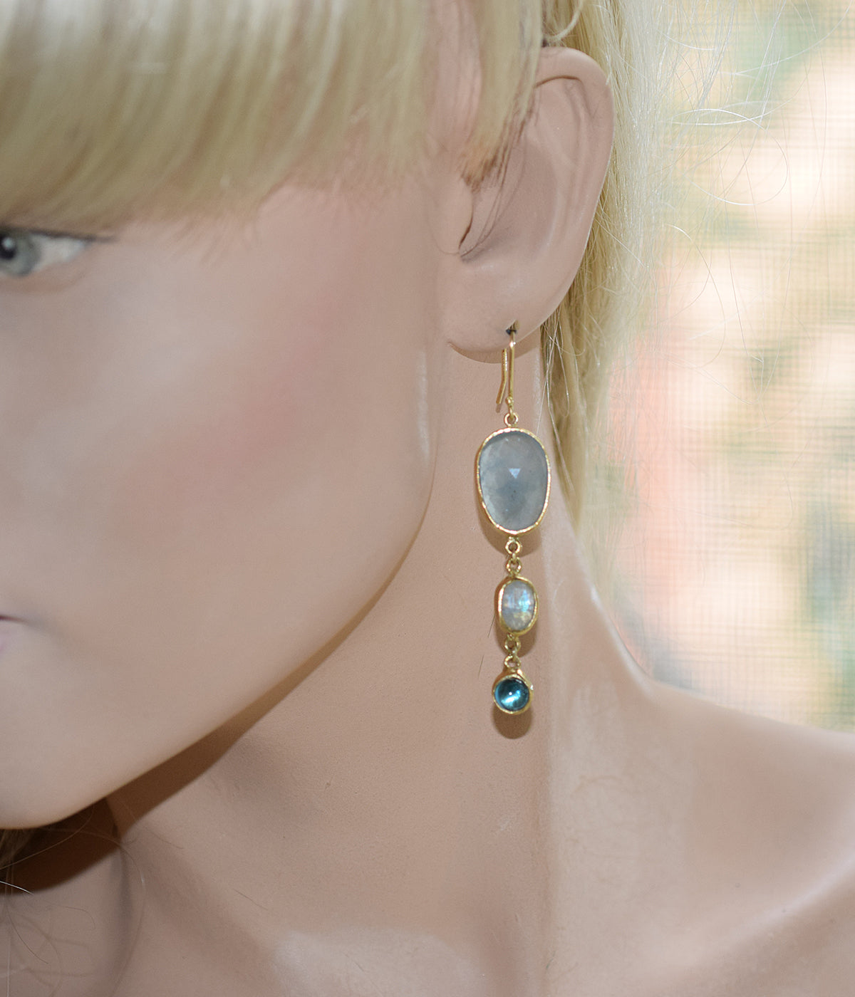 Aquamarine, Moonstone & Topaz Tiered Earrings