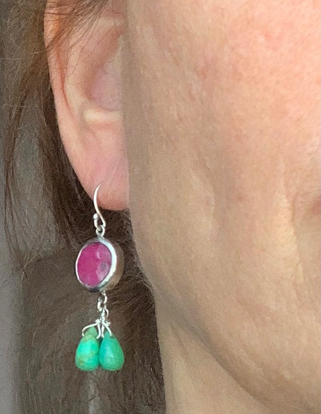 Ruby and Chrysoprase Cluster SIlver Earrings