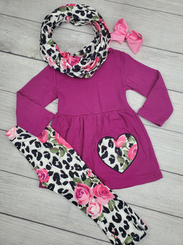 Girls Three Piece Valentine's Day Outfit with Scarf
