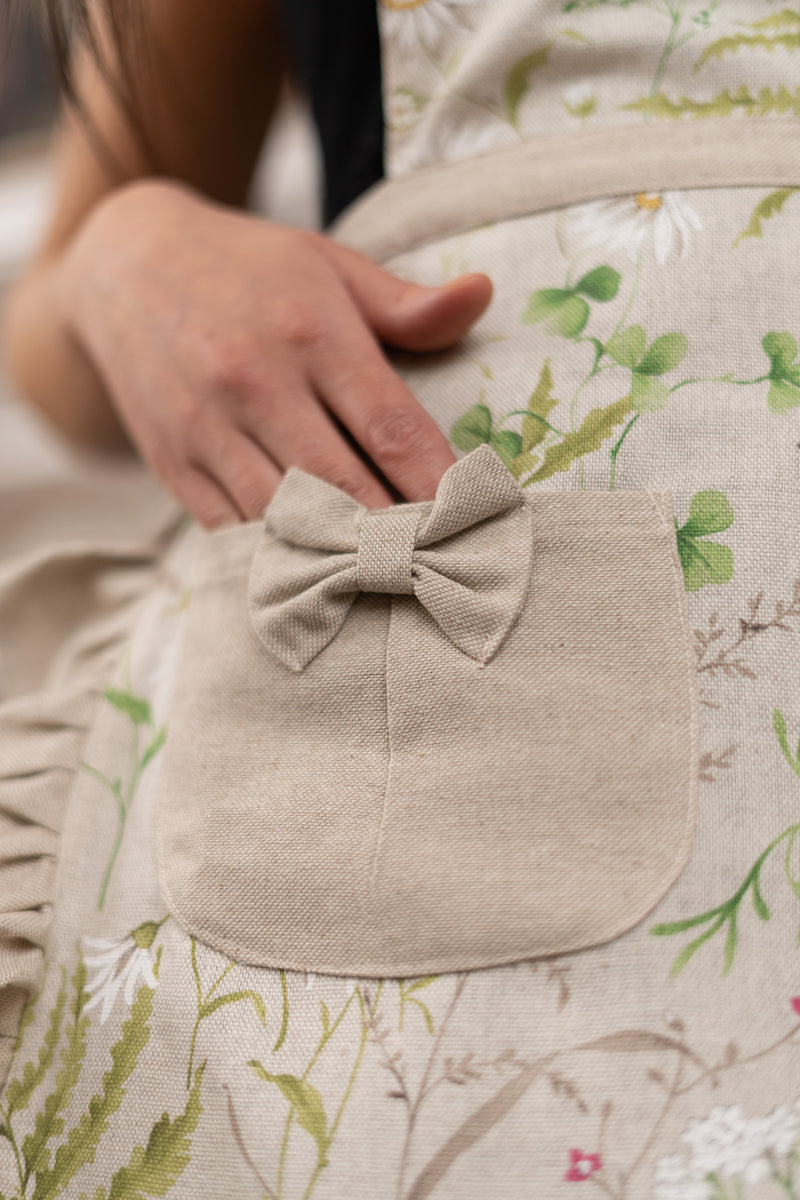 Green & White Floral Ladies' Apron with Ruffles & Laces