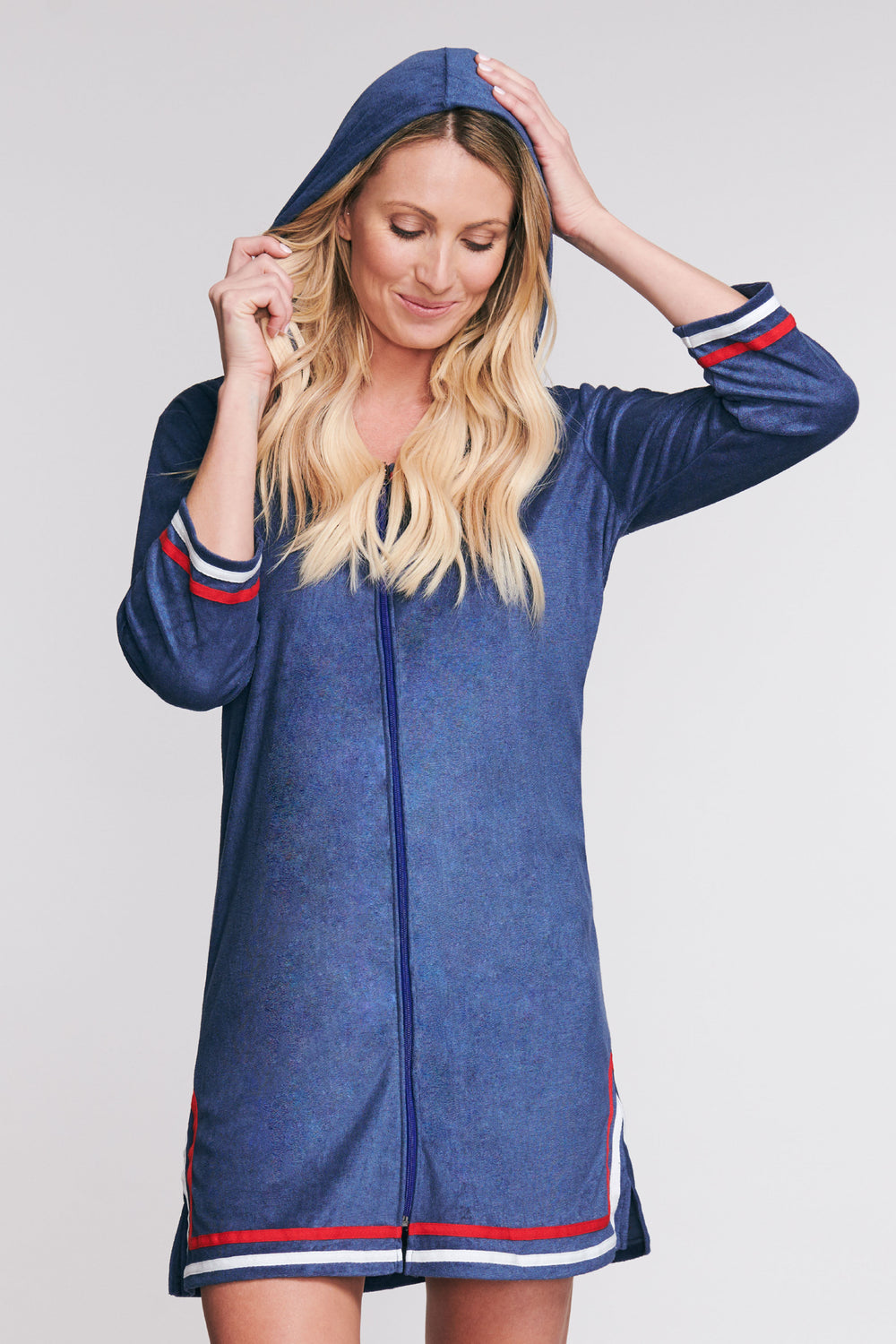 Zip Up Hooded Terry Cloth Coverup In Solid Navy By Mazu Swim Mazu Swim