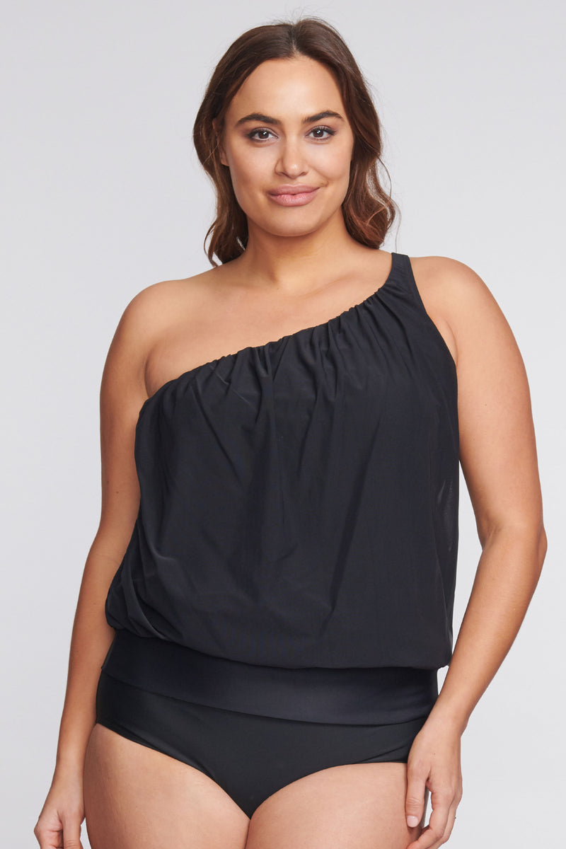 Plus Size Asymmetrical Mesh Blouson Tankini Top Mazu Swim