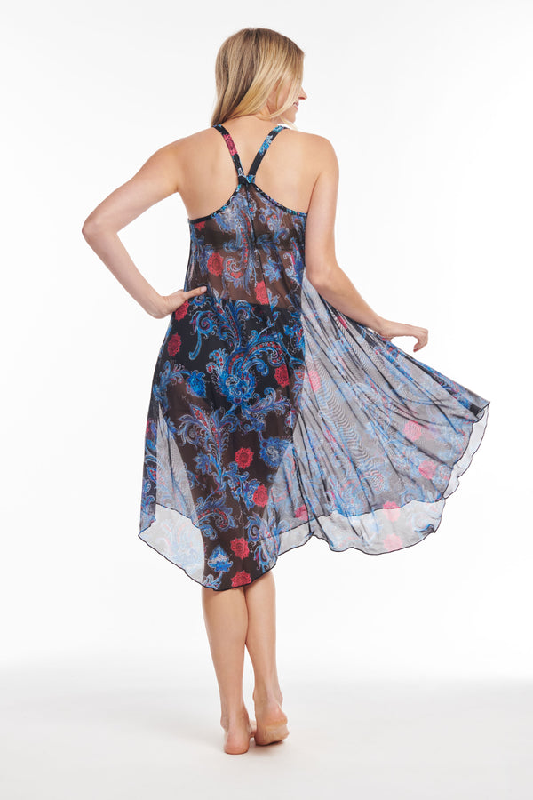 Plus Size Shirred One Piece Skater Swimdress in Iridescent Blooms