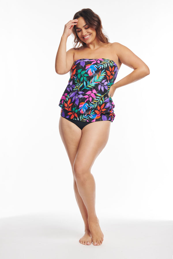 Plus Size Wide Band Blouson Tankini Top in Electric Stripe