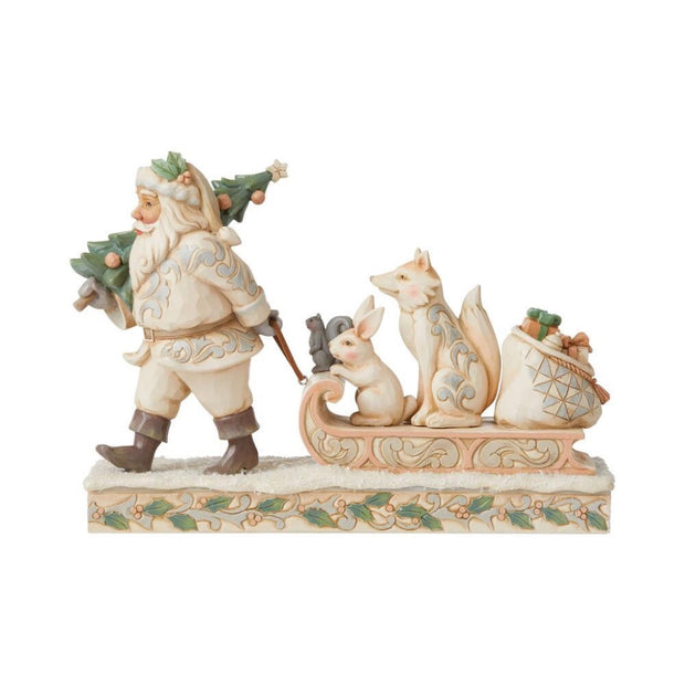 Jim Shore White Woodland Santa/Animals On Sled Figurine