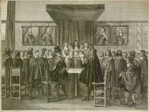 Charles II. of England - Declaration of Breda  Charles II. arrived in Breda (The Netherlands on April 4 and stayed tip April 14, 1660.  There he signed the "Declaration of Breda"  He then traveled to The Hague (Den Haag), before returning as reinstated King to England.  This copper etching shows Charles II in Den Haag (The Hague), where he was received by the "States General of the Netherlands"  Copper etching by Theodor Matham (1605-1676). After the painting by. Fr. Vliet. Ca. 1650  Original antique print 