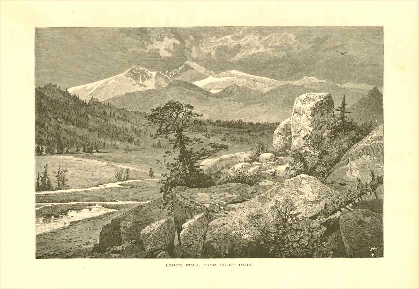 "Long's Peak, From Estes Park"  Wood engraving published ca 1875. On the reverse side is text about the Rocky Mountains.  Original antique print 