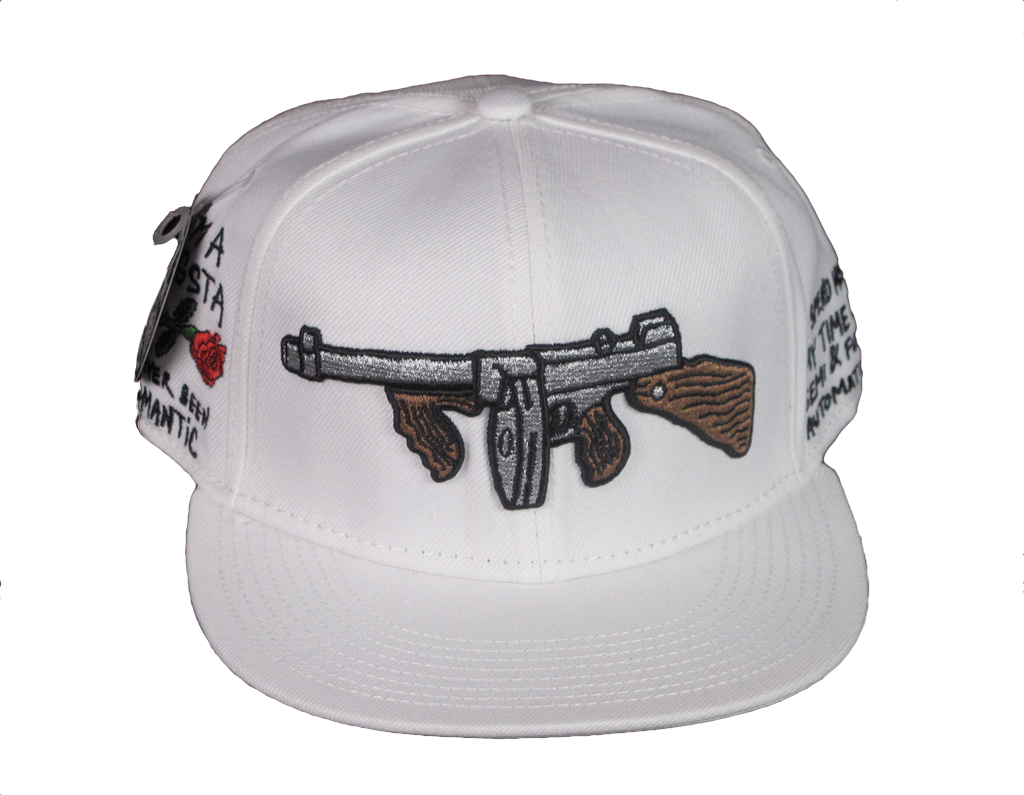 Tommy Gun White Snapback with I'm A Gangsta Side Embroidery | ALGIERZ.com