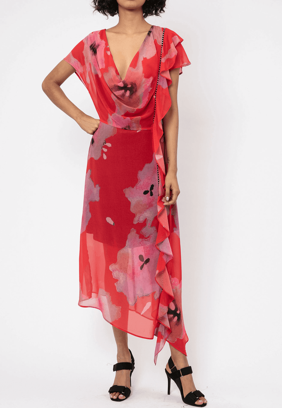 RELIGION Titan Floral Print Red Midi Dress