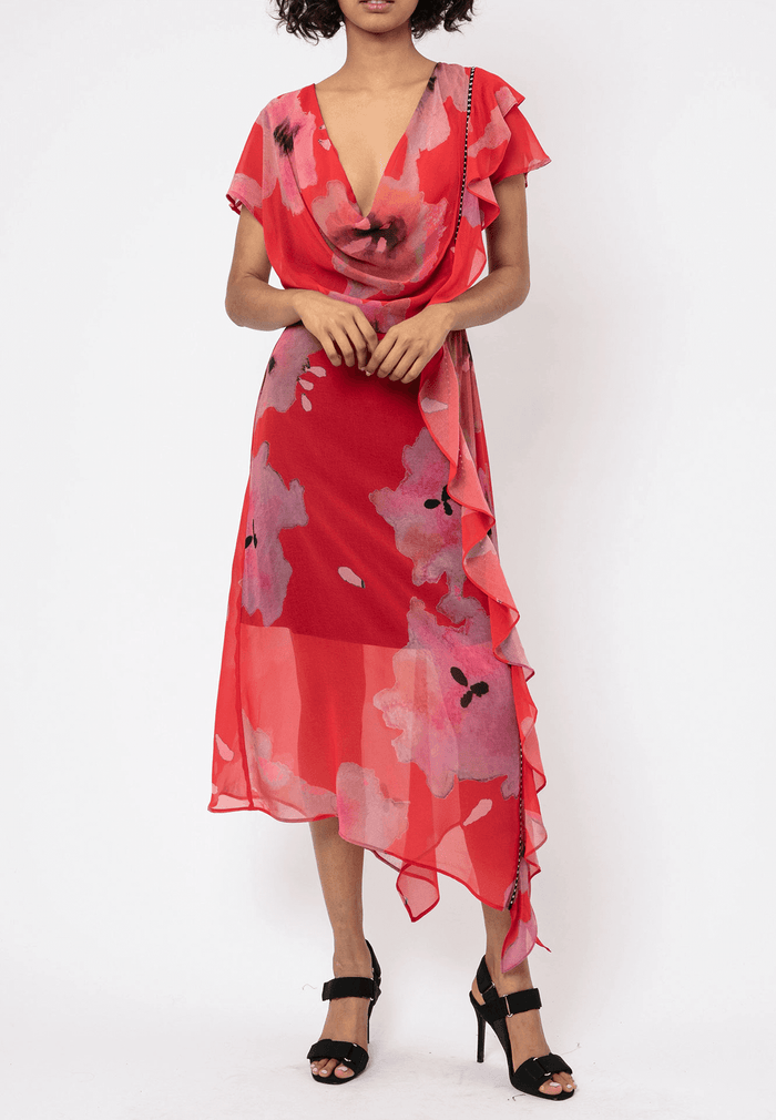 RELIGION Titan Floral Print Red Midi Dress