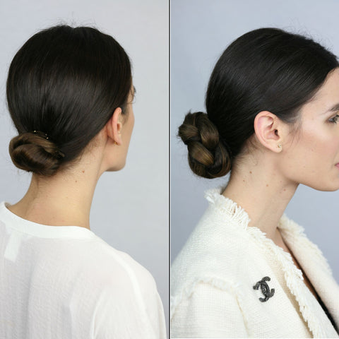 Before and After Brown haired woman with small bun in white shirt and with a braided bun wearing a Chanel cream jacket wearing Easy Updo Extensions