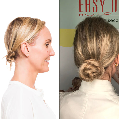 Before and After easy updo of woman with hair challenges and thinning fine and short hair and the after shot of woman in white wearing Easy Updo Extensions