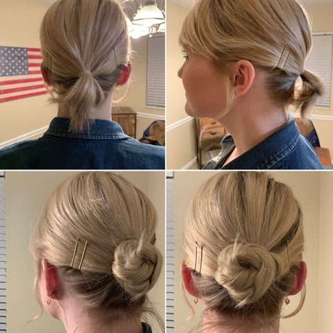 Short Fine haired woman showing before after hair using 1 easy updo extension in a low bun