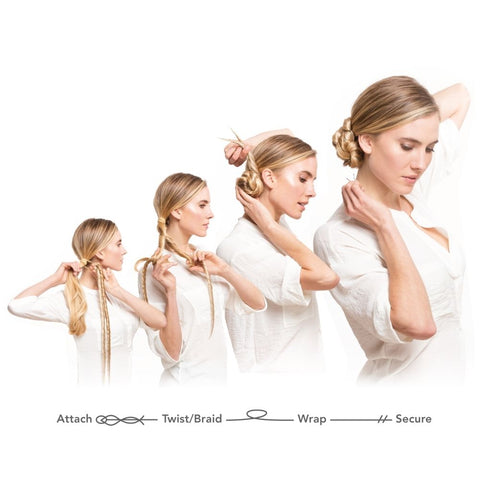 Model showing how to attach, twist or braid, wrap and secure Easy Updo Extensions with white background wearing white shirt