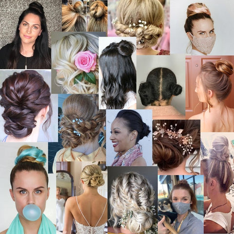 Collage of women wearing different updos wearing Easy Updo extensions