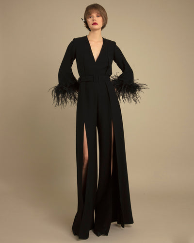 Amor Amor Black Deep Plunge Premium Embellished Beads & Feathers Party  Jumpsuit