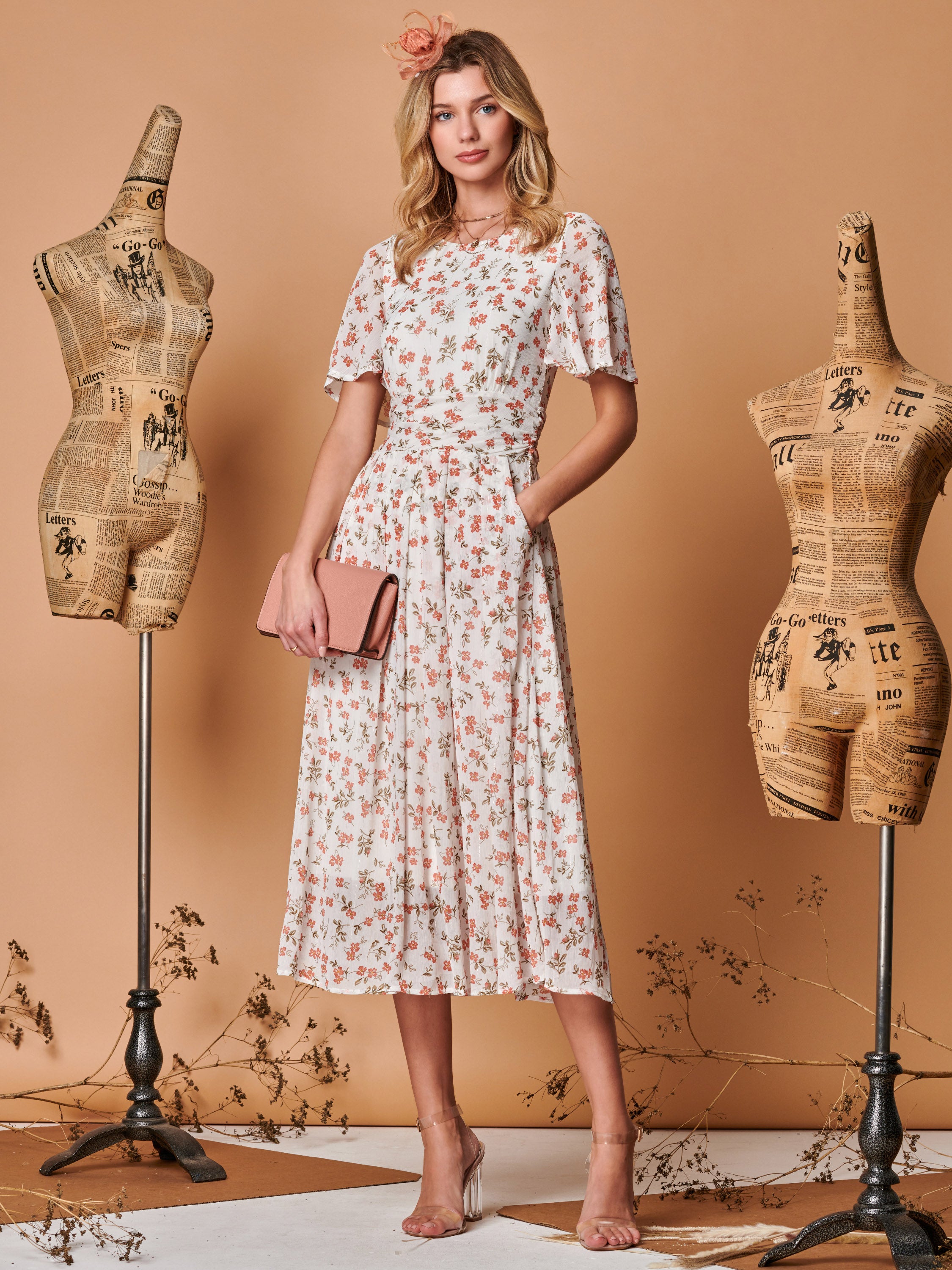 Angel Sleeve Metallic Chiffon Midi Dress, Cream Floral