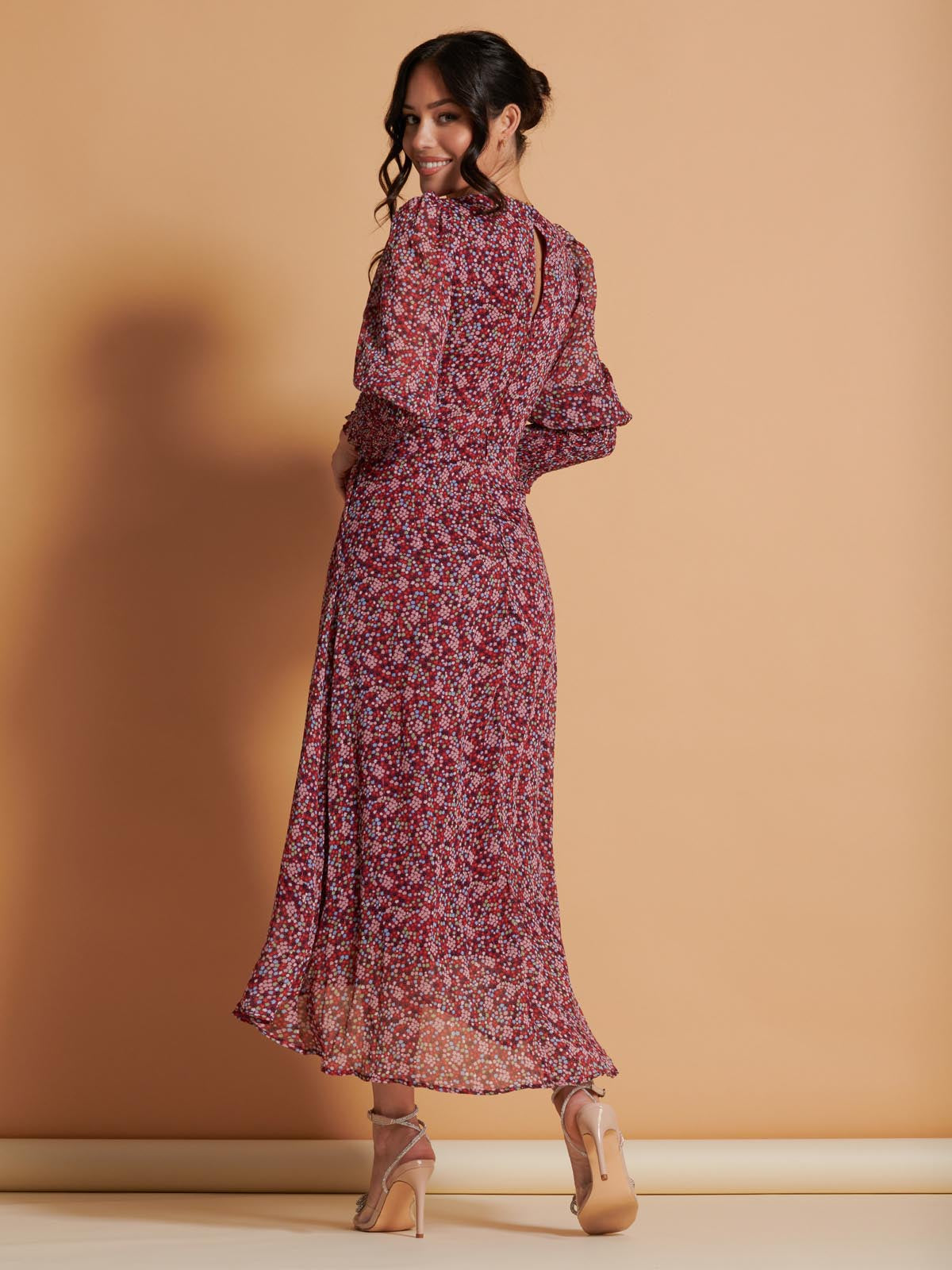 Chiffon Print Tie Waist Maxi Dress, Red Multi