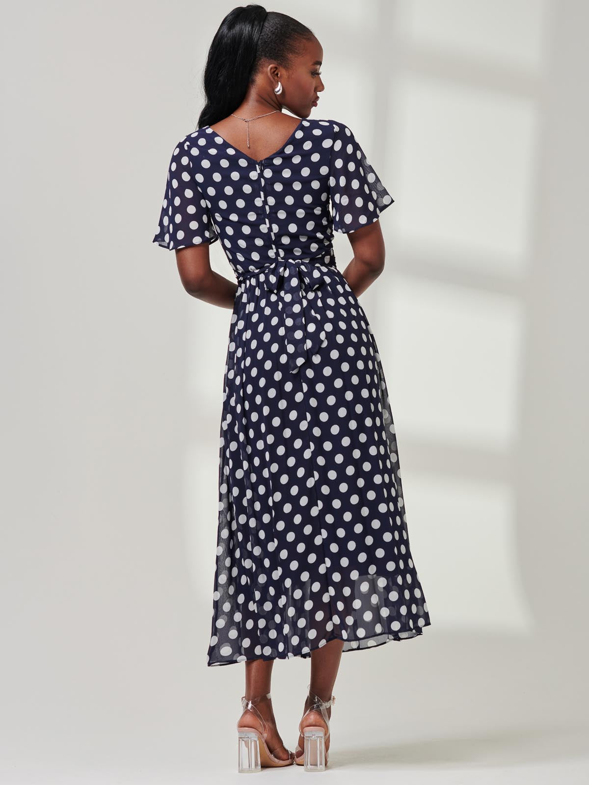 Spotted Chiffon Fit & Flare Midi Dress, Navy Spot