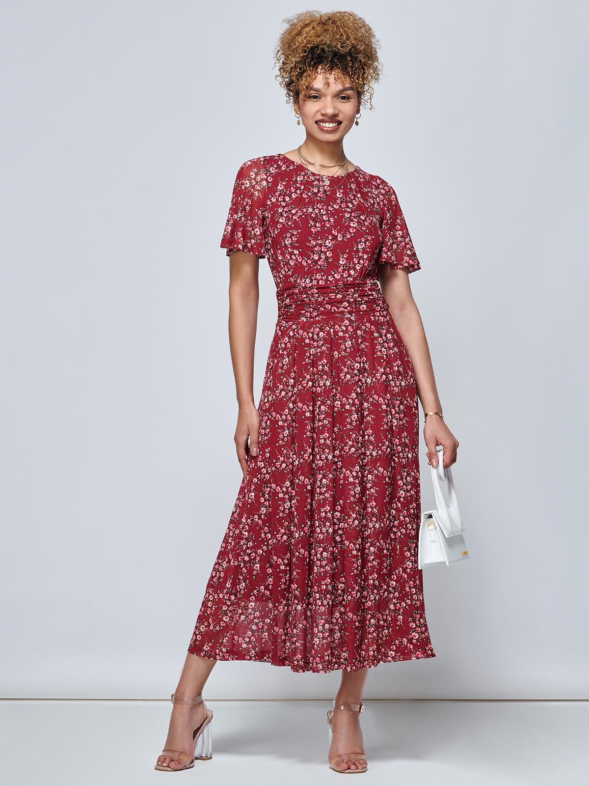 Julita Floral Mesh Midi Dress, Wine Floral