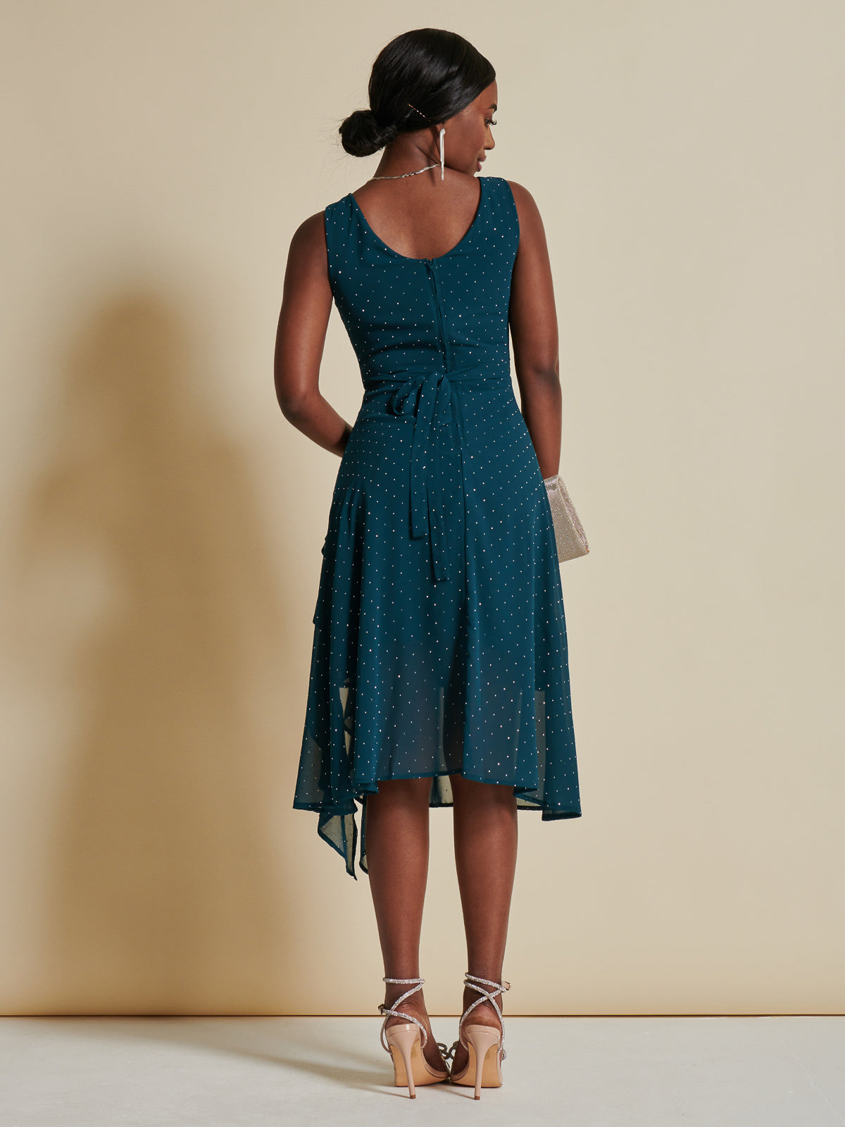 Embellished Frill Hem Chiffon Dress, Teal