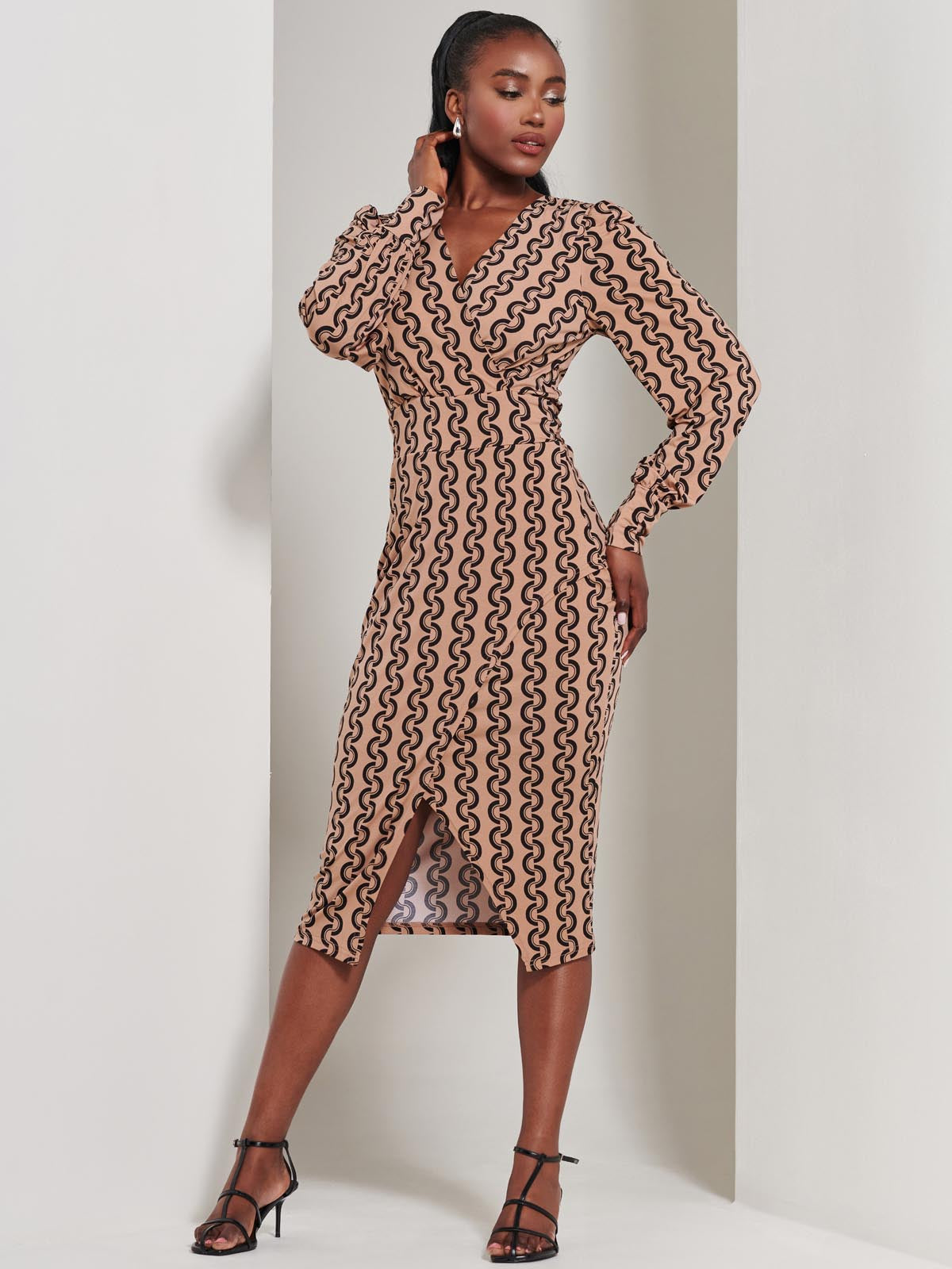 Print Long Sleeve Jersey Pencil Dress, Black Geo