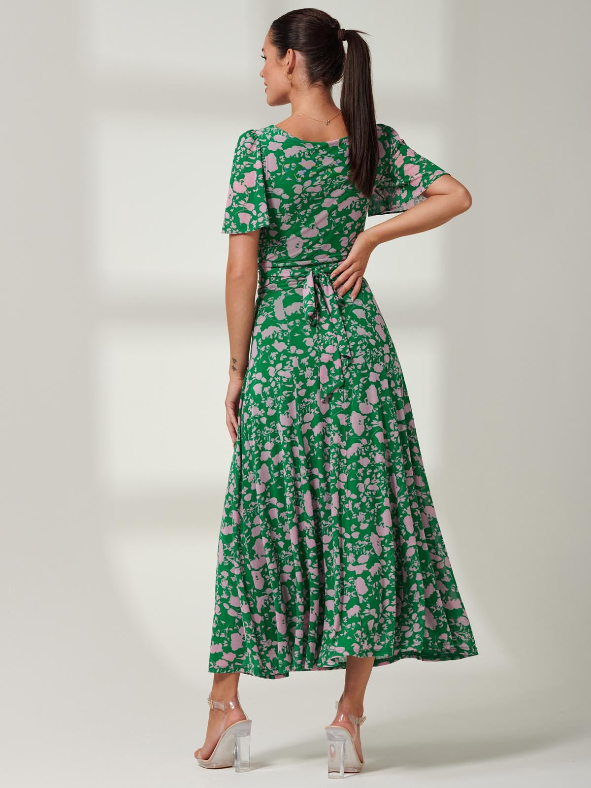 Paityn Angel Sleeve Mesh Maxi Dress, Green Floral