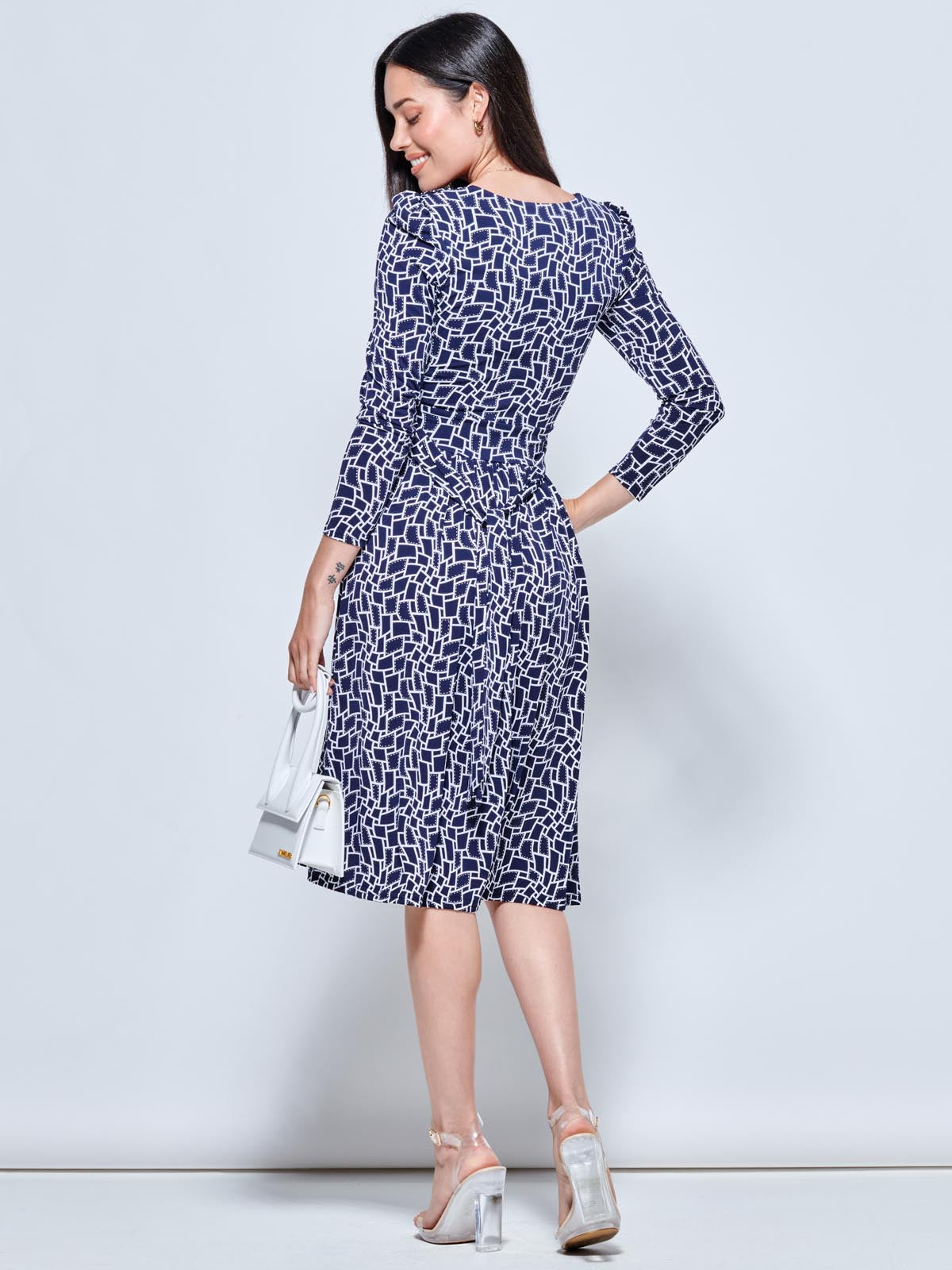 Long Sleeve Jersey Midi Dress, Navy Geo