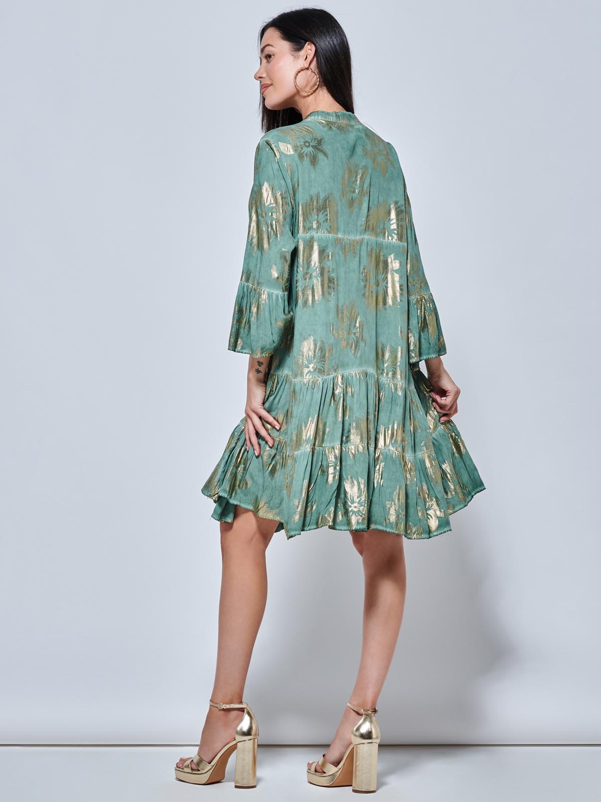 Printed Tiered Hem Holiday Midi Dress, Green Abstract