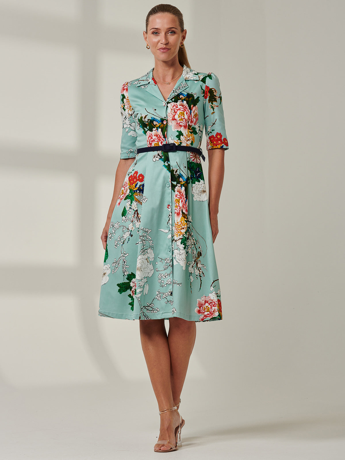 Floral Print Belted Shirt Dress, Aqua Floral