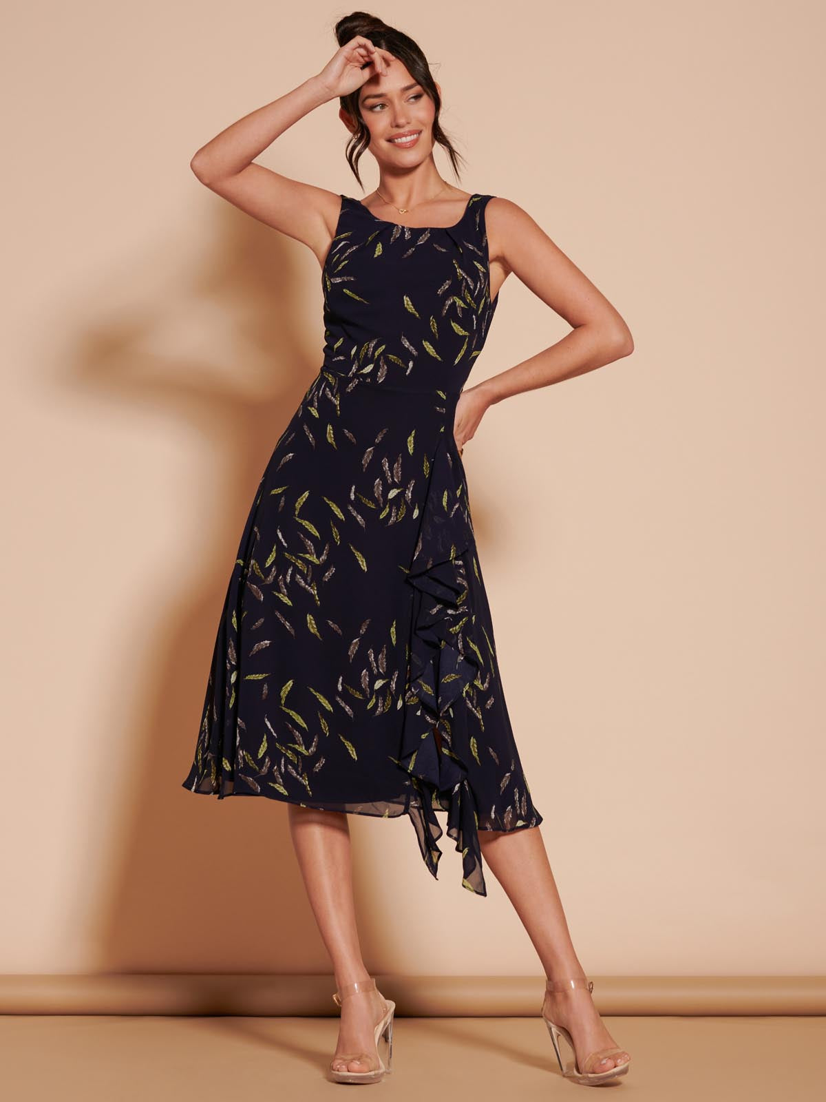 Print Frill Hem Chiffon Midi Dress, Navy Multi