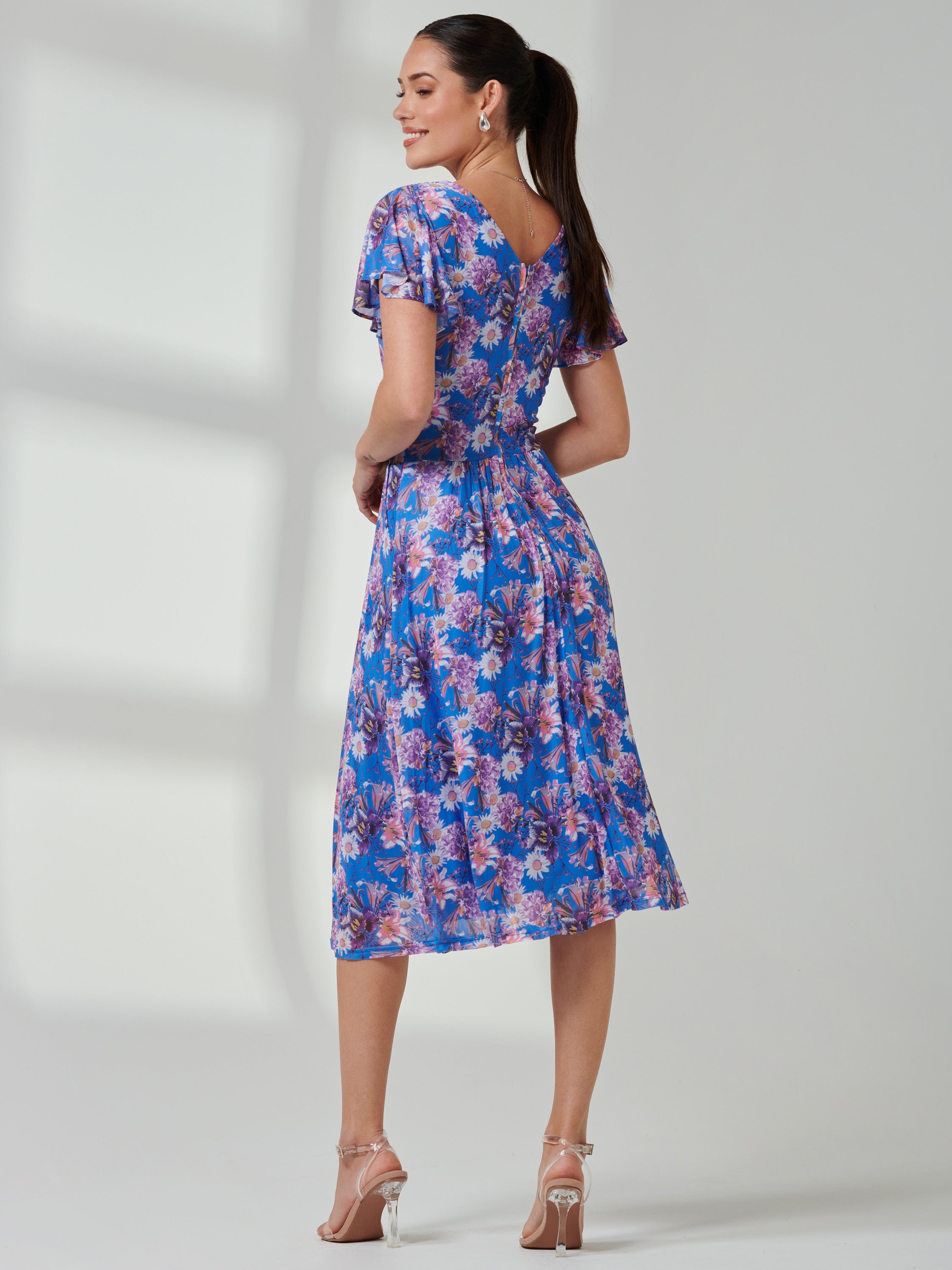 Jolie Moi Kaylynn Wrap Mesh Dress, Blue Floral