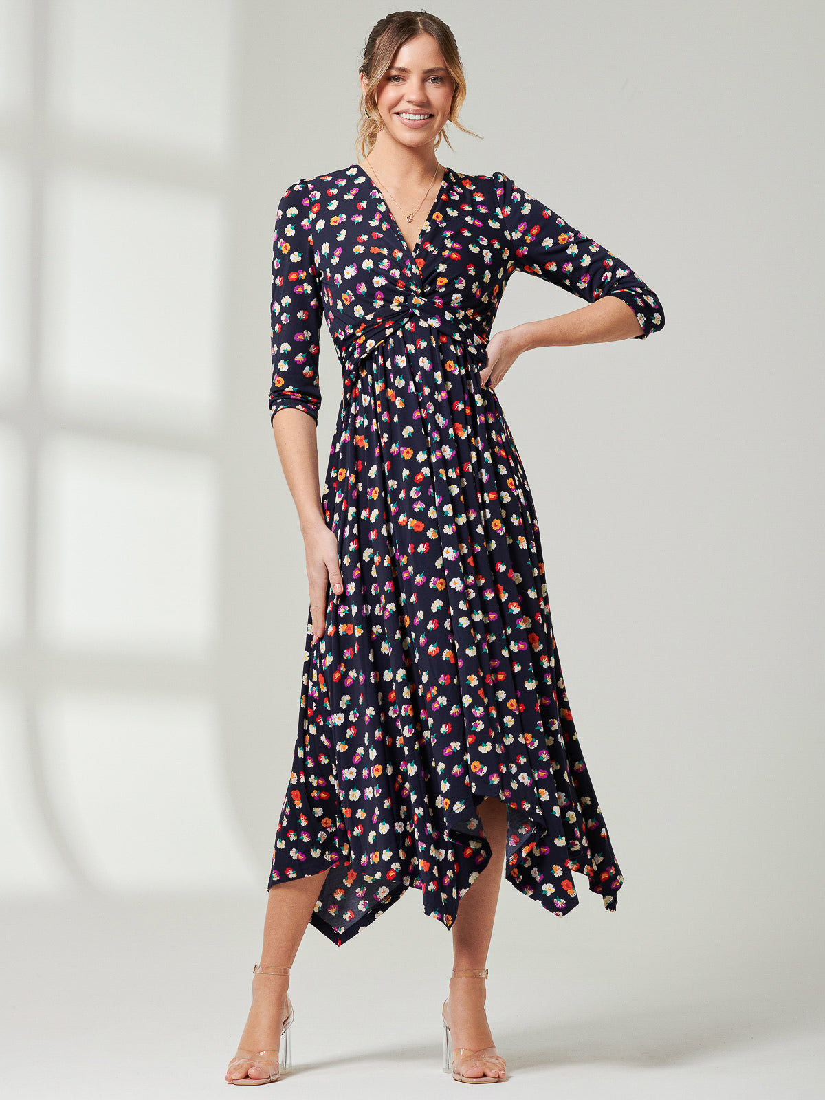 Jolie Moi Knot Front Hanky Hem Dress, Navy Floral