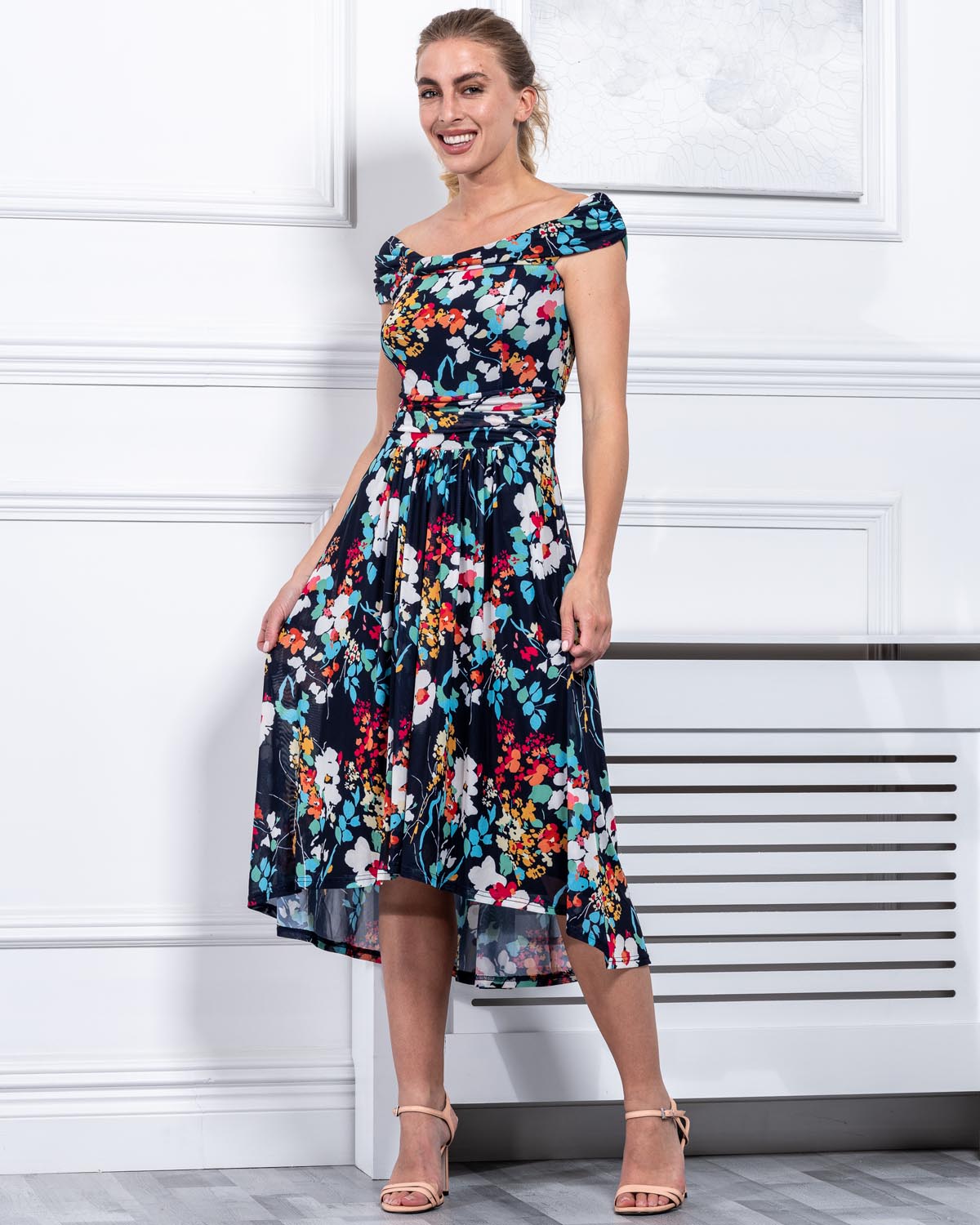 Sample Sale - Off The Shoulder Midi Dress, Navy Floral